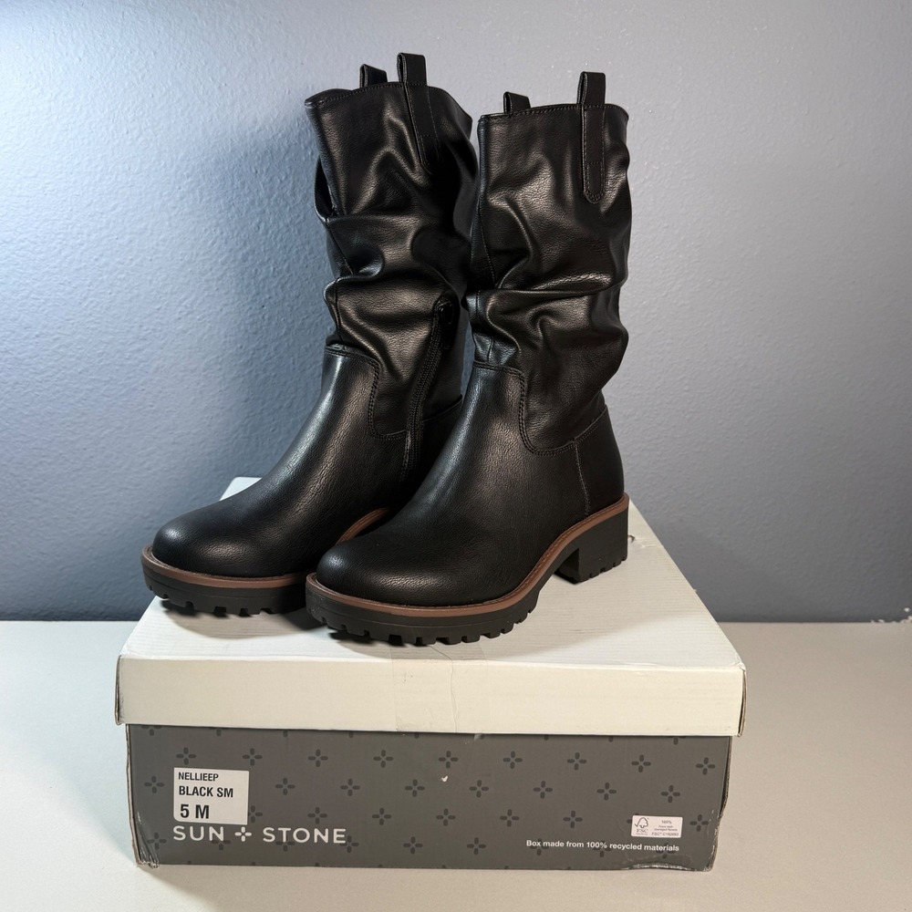 Sun + Stone Nellieep Boots Women 5 M Black Slouch Lug Sole Zip Up